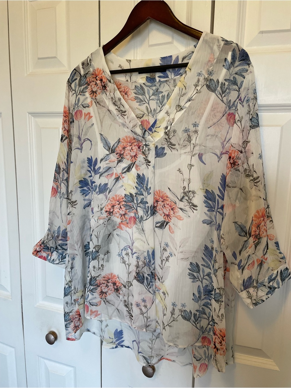 Rose & Olive Sheer Floral V-Neck Blouse — White with Pink & Blue Floral Print